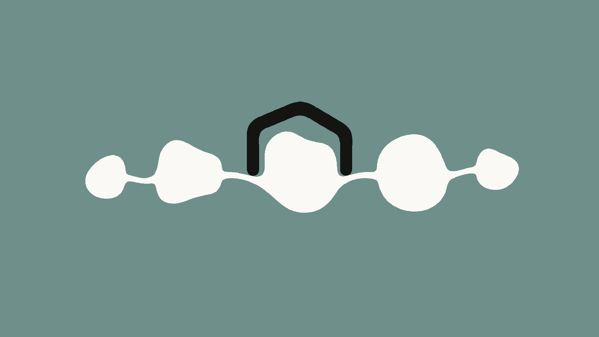 Five off-white motion states run along a path, with a black evidence gate holding the third state.